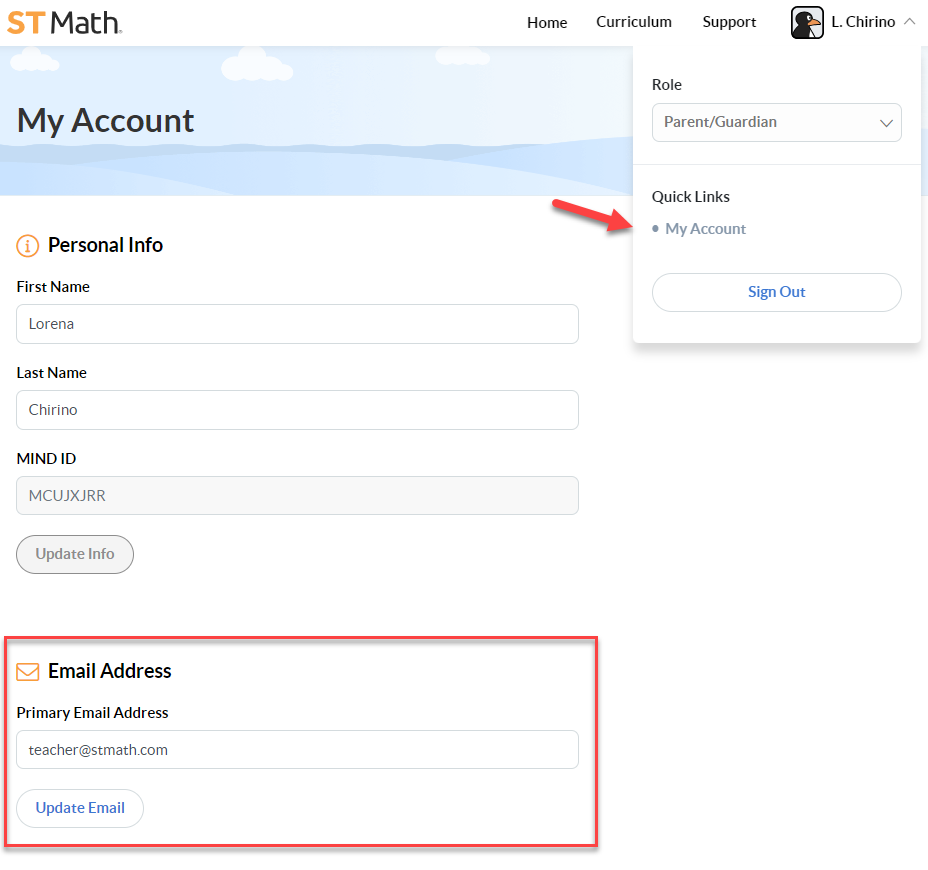 The Educator Console with arrows pointing to My Account and update email