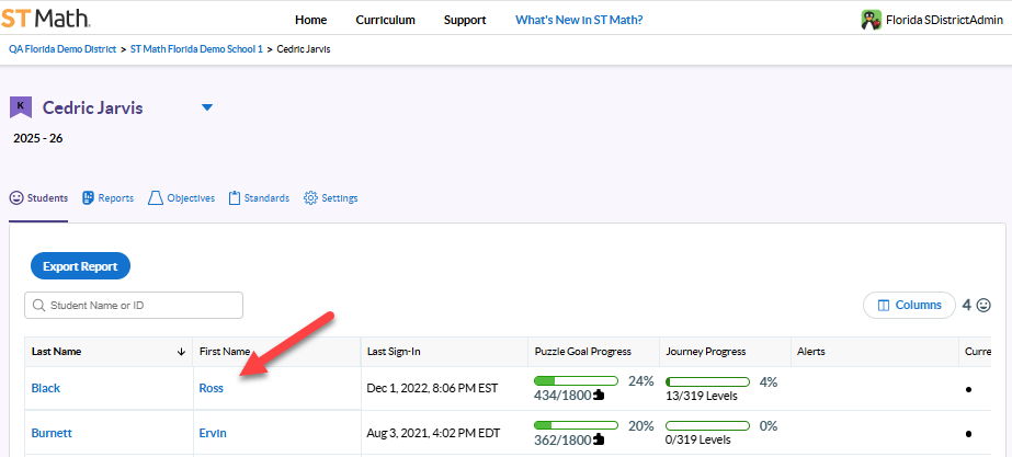 selecting student's name