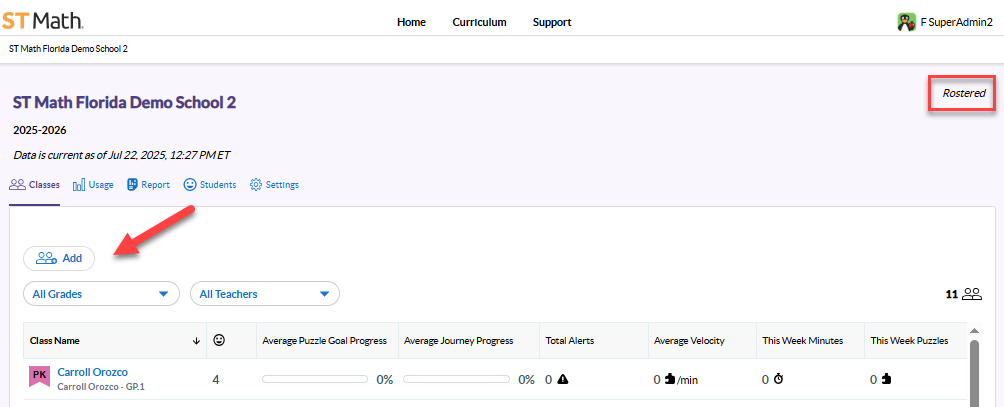My Classes page to view rostered label, and Add button