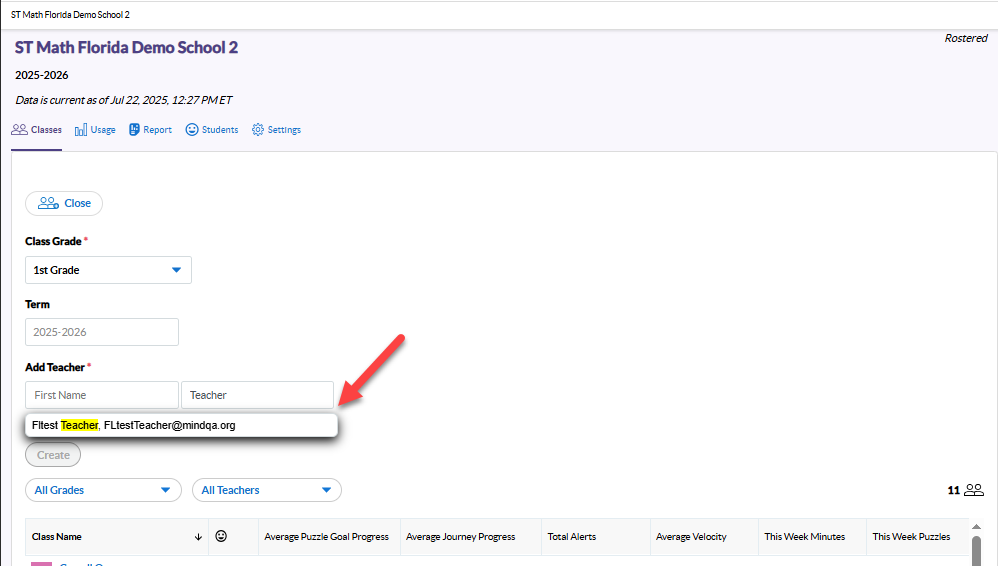 Selecting teacher from dropdown menu