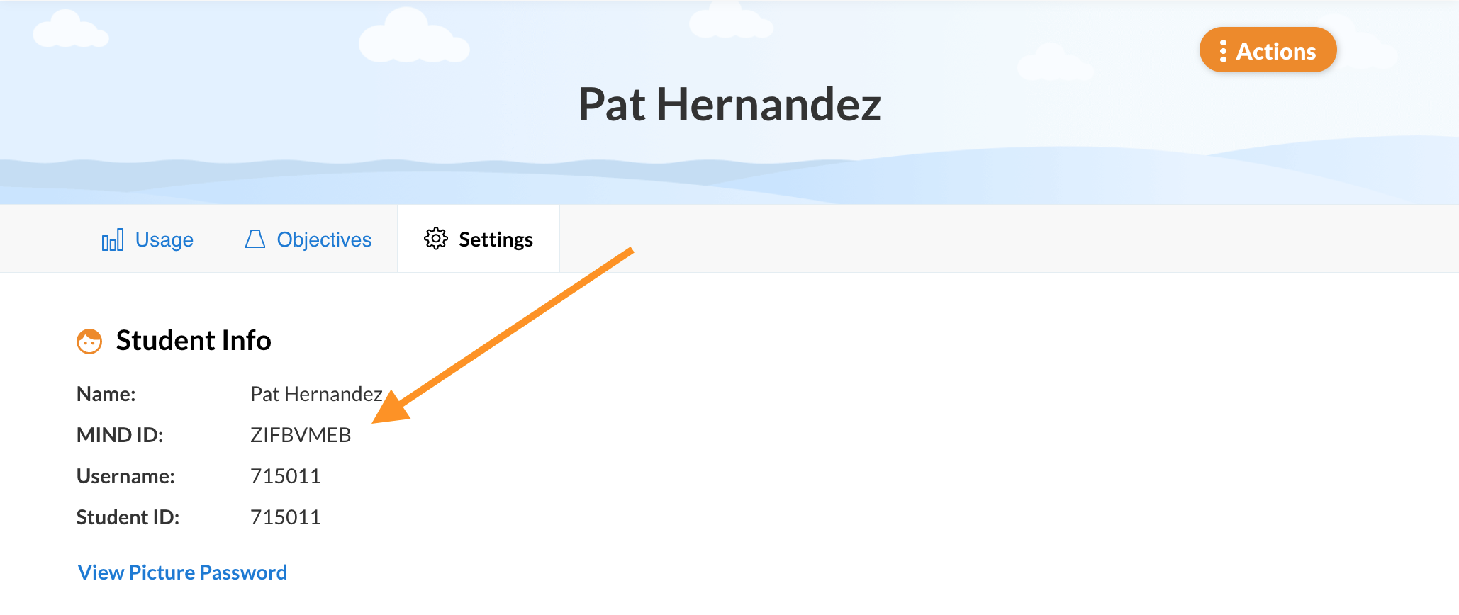 An image of the Student Settings screen.  An arrow points to the MIND ID
