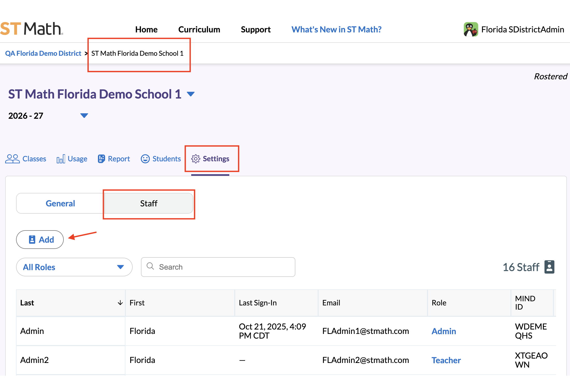 School Settings Staff tab